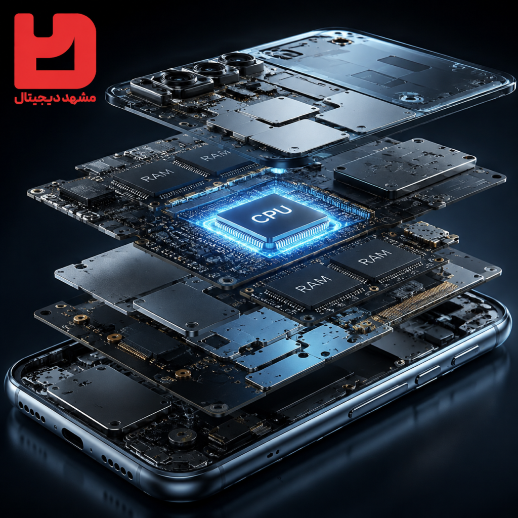 نمای انفجاری سخت‌افزار گوشی Samsung Galaxy A37 5G با نمایش پردازنده CPU و حافظه RAM
