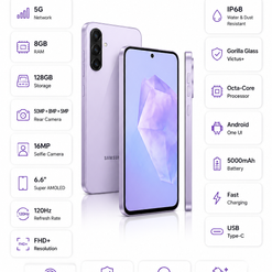اینفوگرافیک مشخصات فنی گوشی Samsung Galaxy A37 5G بنفش شامل نمایشگر ۶.۶ اینچی Super AMOLED با نرخ نوسازی ۱۲۰ هرتز، دوربین اصلی ۵۰ مگاپیکسلی، رم ۸ گیگابایت، حافظه ۱۲۸ گیگابایت، باتری ۵۰۰۰ میلی‌آمپرساعتی، شبکه 5G، استاندارد IP68، حسگر اثرانگشت، Circle to Search و Object Eraser