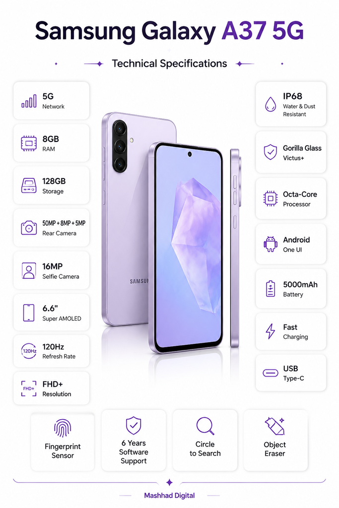 اینفوگرافیک مشخصات فنی گوشی Samsung Galaxy A37 5G بنفش شامل نمایشگر ۶.۶ اینچی Super AMOLED با نرخ نوسازی ۱۲۰ هرتز، دوربین اصلی ۵۰ مگاپیکسلی، رم ۸ گیگابایت، حافظه ۱۲۸ گیگابایت، باتری ۵۰۰۰ میلی‌آمپرساعتی، شبکه 5G، استاندارد IP68، حسگر اثرانگشت، Circle to Search و Object Eraser

