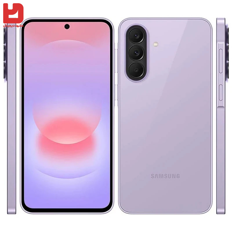 گوشی Samsung Galaxy A37 5G در رنگ بنفش روشن با نمایش طراحی جلو، قاب پشتی، دوربین سه‌گانه و لبه‌های کناری

