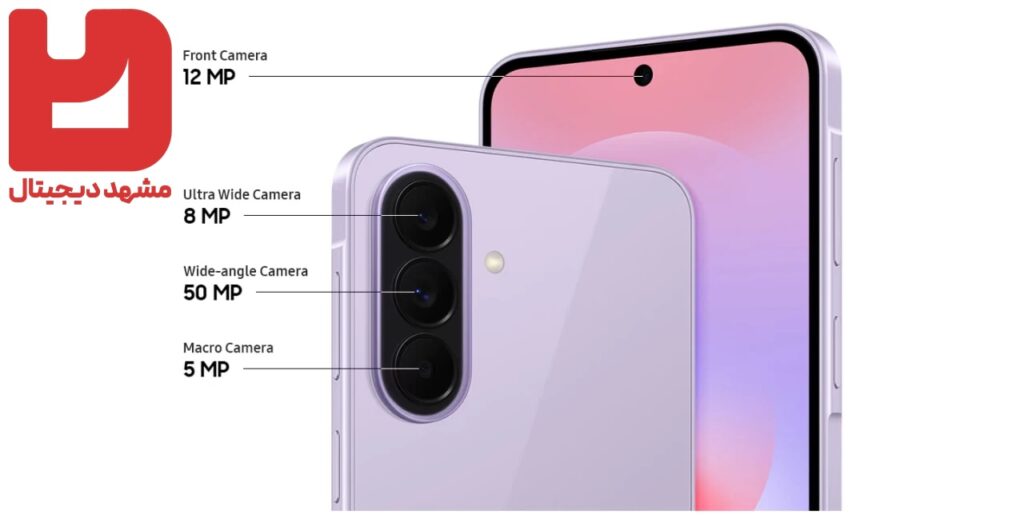 مشخصات دوربین گوشی Samsung Galaxy A37 5G شامل دوربین اصلی ۵۰ مگاپیکسلی، فوق‌عریض ۸ مگاپیکسلی، ماکرو ۵ مگاپیکسلی و دوربین سلفی ۱۲ مگاپیکسلی
